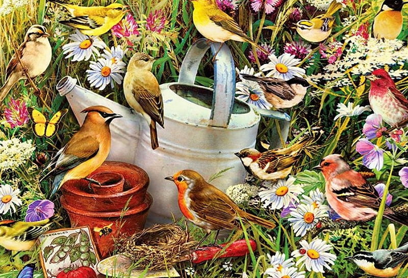 Songbirds, watering can, nest, flower pots, painting, summer, flowers, blossoms, artwork, HD wallpaper