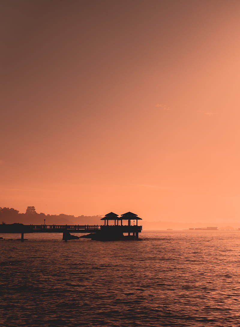 sea, water, pier, gazebos, sunset, HD phone wallpaper