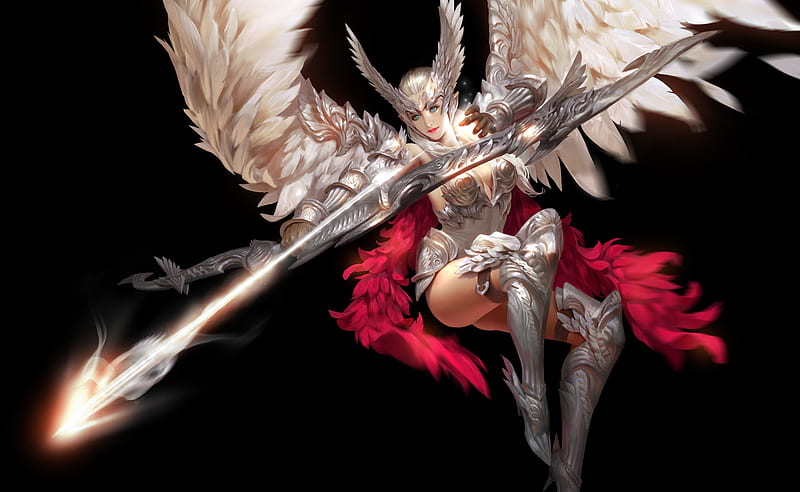 Angel, wenjie ge, white, red, frumusete, wings, luminos, black, armor, warrior, fantasy, girl, feather, HD wallpaper