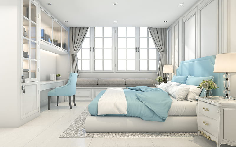 bedroom project, gray-blue bedroom, bright bedroom, modern interior design, classic interior design, bedroom, HD wallpaper