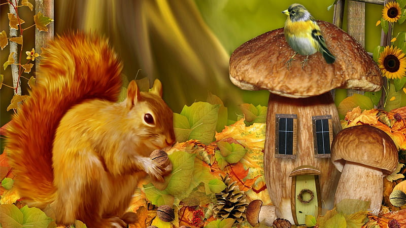 Cheerful Squirrel, fall, autumn, house, squirrel, cones, sleur, leaves, fantasy, sunflowers, storybook, acorns, fairy tale, birds, fun, happy, nuts, cute, tree, whimsical, flower, nature, mushrooms, trunk, ivy, HD wallpaper