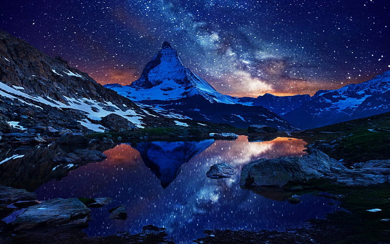Starry Night, mountains, milky way, starry, reflection, sky, night, HD wallpaper