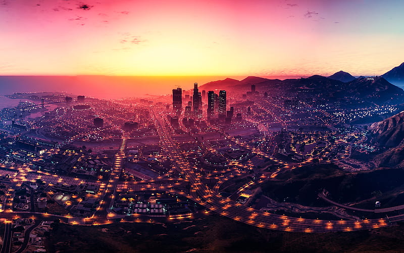 Grand Theft Auto V, GTA 5, Los Santos, sunset, game world, HD wallpaper