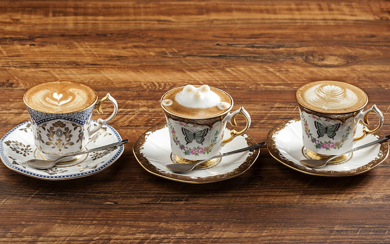 Cups, coffee, spoon, butterfly, foam, trio, cup, wood, HD wallpaper