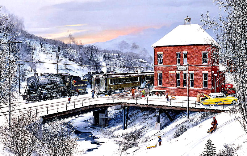 Holiday With the Family- Train, railroad, art, locomotive, bonito, illustration, artwork, winter, train, snow, engine, painting, wide screen, tracks, HD wallpaper