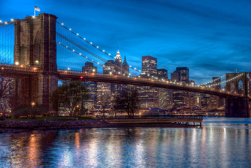 Brooklyn Bridge at Night, brooklyn, bridge, buildings, river, evening, reflection, lights, landscape, HD wallpaper