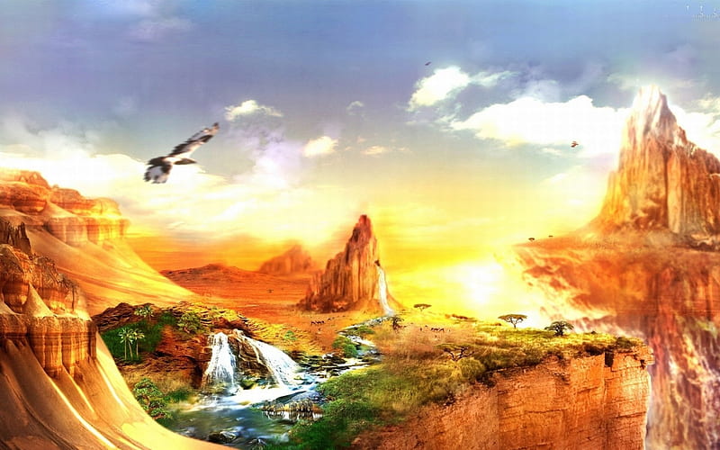 Invented Mountains, art, fantasy, mountains, birds, waterfall, sunset, clouds, HD wallpaper