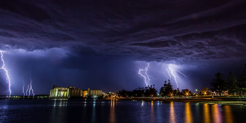 Stormy Night Over the City, fantastic, electric, forces, storms, power, sky, clouds, lightning, awesome, nature, display, blue, night, HD wallpaper