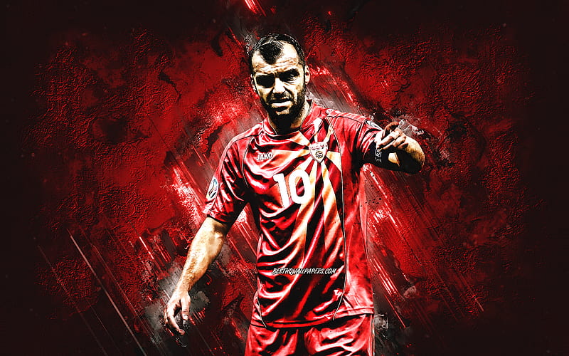 Goran Pandev, Macedonian footballer, North Macedonia national football team, red stone background, football, North Macedonia, HD wallpaper