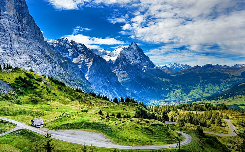 Grosse Scheidegg Mountain Pass, Alps, forest, grass, bonito, cabin, Switzerland, clouds, mountains, road, snowy peaks, HD wallpaper