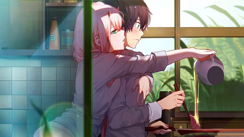 Darling in the franxx zero two and hiro in kitchen with background of  window anime, HD wallpaper | Peakpx