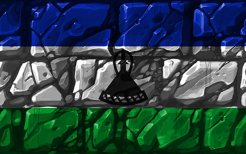 Lesotho flag, brickwall African countries, national symbols, Flag of Lesotho, creative, Lesotho, Africa, Lesotho 3D flag, HD wallpaper