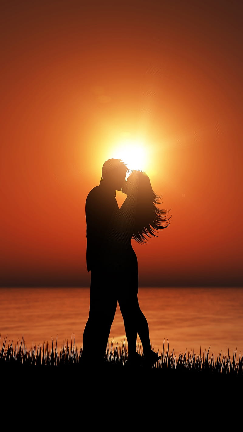 True love, orange, sky, sunset, silhouette, female, kiss, male, HD phone wallpaper