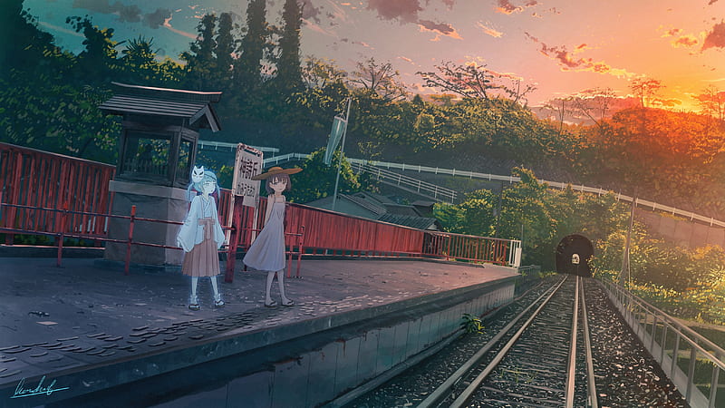 anime girls, train station, miko, friends, sunset, cute, loli, clouds, Anime, HD wallpaper