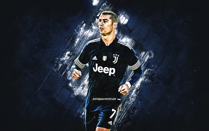 Cristiano Ronaldo, Juventus FC, blue stone background, world football star, blue Juventus uniforms, Serie A, Italy, football, HD wallpaper