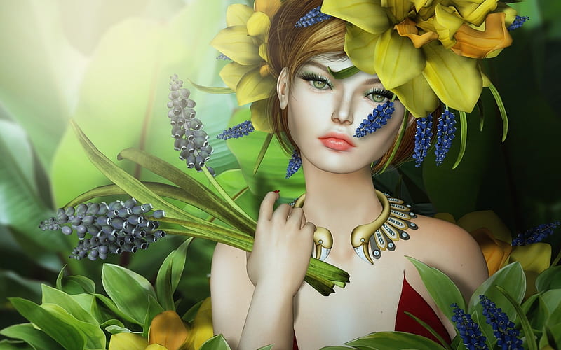 Beauty, luminos, yellow, woman, ahnd, fantasy, girl, green, summer, rendering, flower, face, HD wallpaper