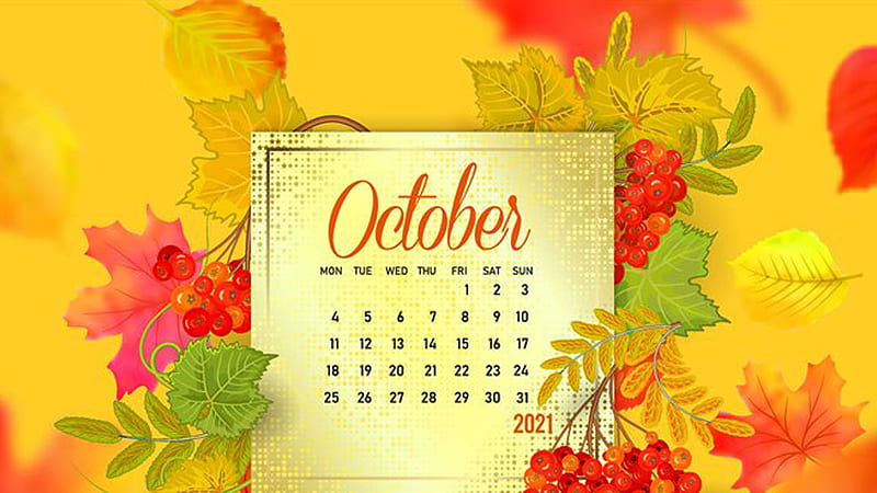 Colorful Autumn Leaves Yellow Background October 2021 Calendar October, HD wallpaper