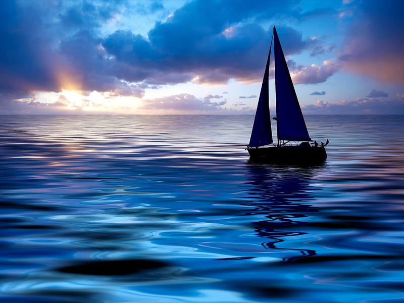Sailing at sunset, ocean, sunset, sky, clouds, personal boats, sail, boats, water, evening, sailboats, HD wallpaper