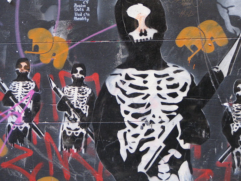 Skeloten, art, skulls, stencil, graffiti, HD wallpaper