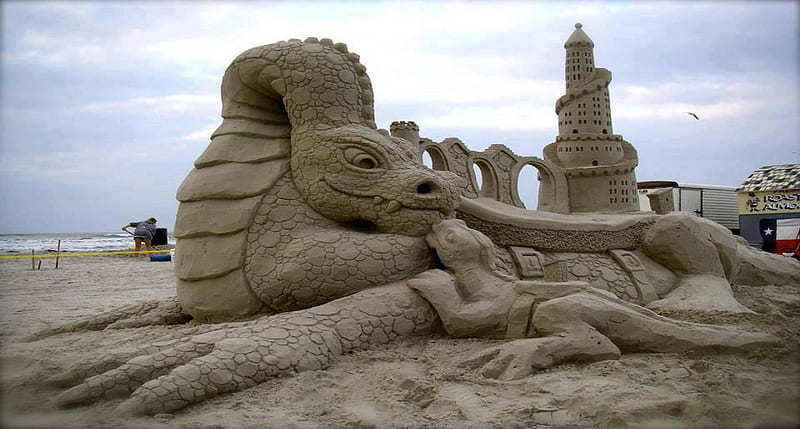 the sand castle, beach, sand, tower, dragons, sea, HD wallpaper