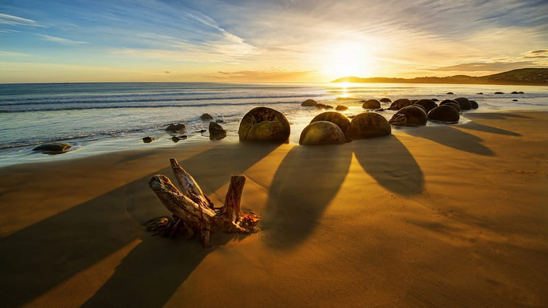fabulous sunrise on a rocky beach, driftwood, beach, rocks, shadows, sunrise, sea, HD wallpaper