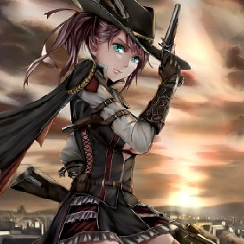 Gun Shooter, pretty, dress, cowgirl, cg, bonito, sunset, mantle, sweet, nice, gun, anime, cape, hot, beauty, anime girl, weapon, scenery, long hair, ray, light, pistol, female, lovely, brown hair, sexy, girl, scene, HD wallpaper