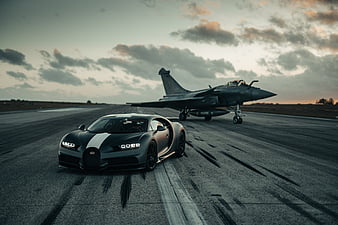 Bugatti Chiron And Dassault Rafale Marine Jet, bugatti-chiron, bugatti, cars, 2021-cars, HD wallpaper