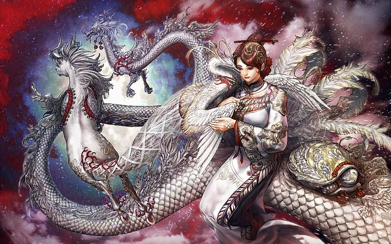 Chinese Heaven, fantasy, chinese gods, daoismus, heaven, creatures, dragon, HD wallpaper