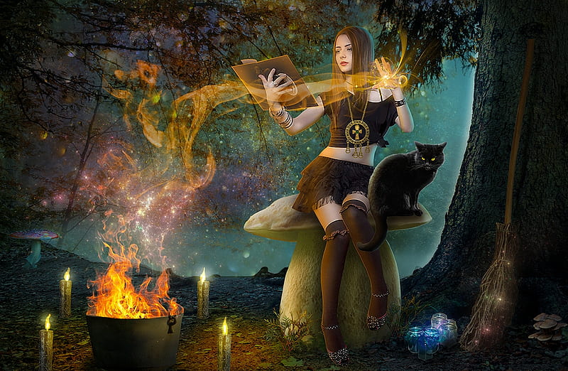 Witch, luminos, halloween, black, pot, lubov2001, cat, fire, fantasy, girl, pisica, HD wallpaper