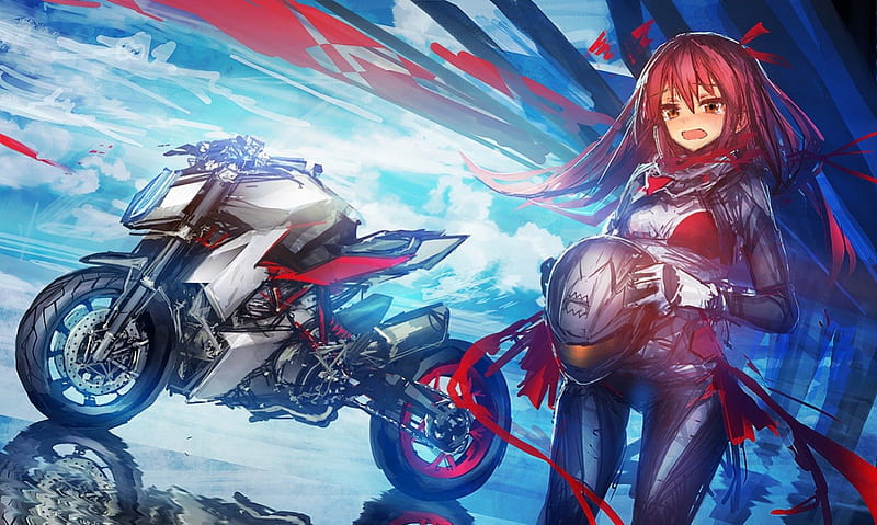 Anime, red, helmet, motorcycle, HD wallpaper