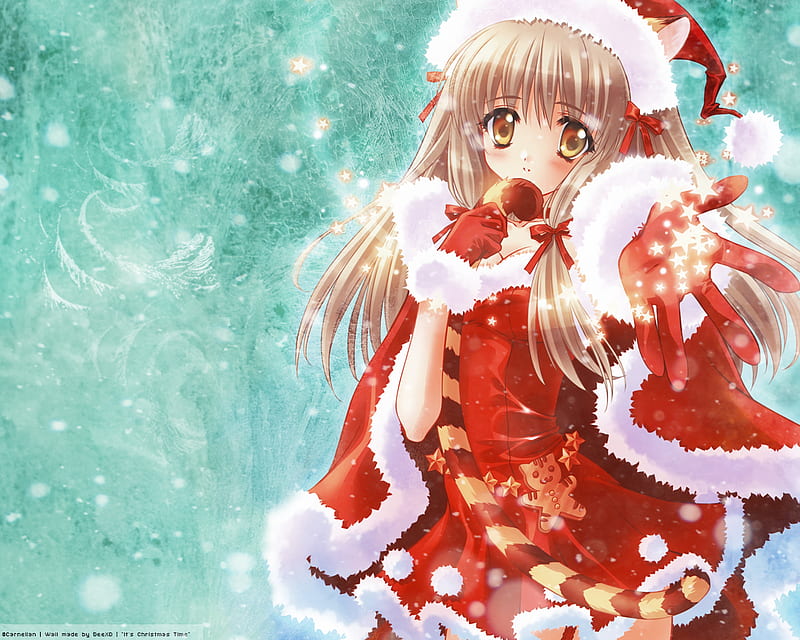 Merry Christmas!, red, girl, anime, kitty, tail, fur, HD wallpaper
