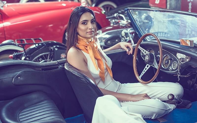 Roshmitha Harimurthy, bollywood, old retro sports car, Indian fashion model, beautiful woman, white dress, HD wallpaper