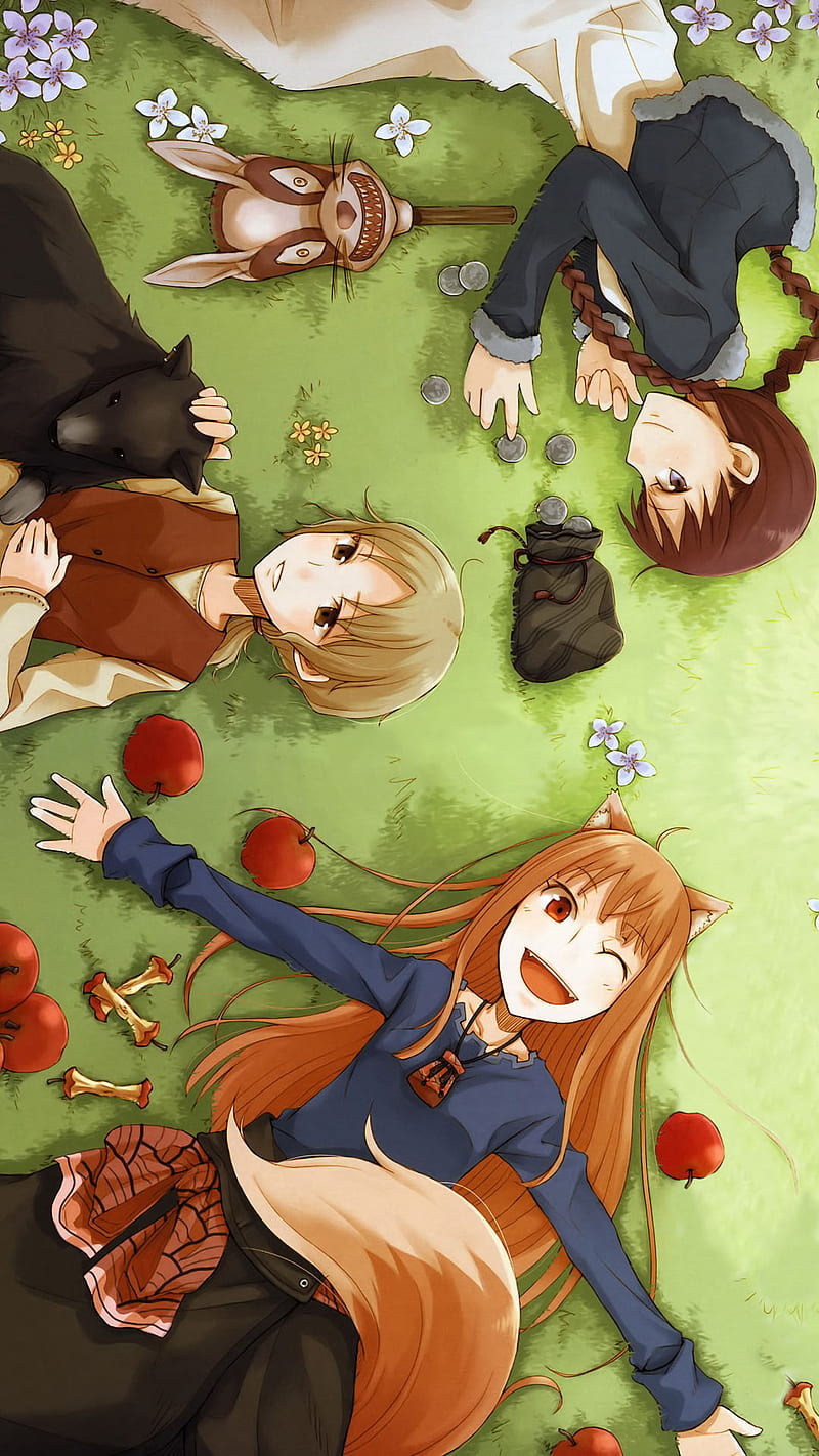 spice and wolf, apple, flower, gras, holo, kids, play, wolf, HD phone wallpaper