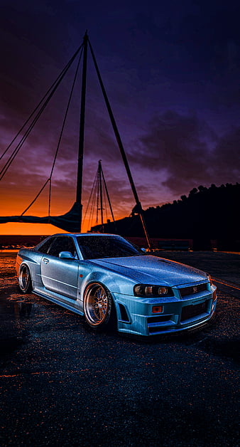 Preview wallpaper nissan skyline gtr r34 blue front view 20481152