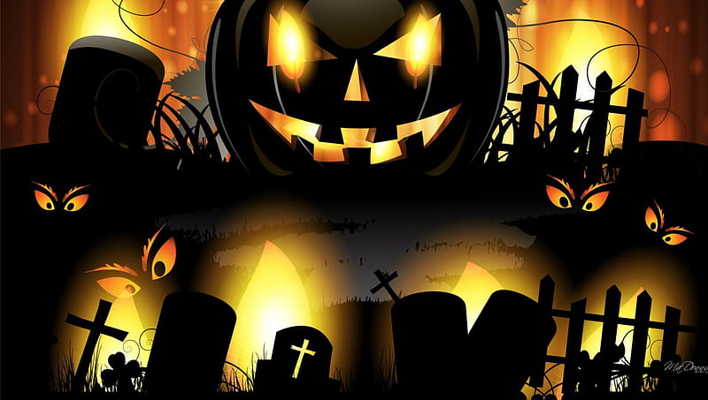 Spooky Halloween, fence, All Hallows Eve, cemetery, lights, graves, spooky, gravestones, scary, Halloween, eyes, jack-o-lanterns, pumpkins, HD wallpaper