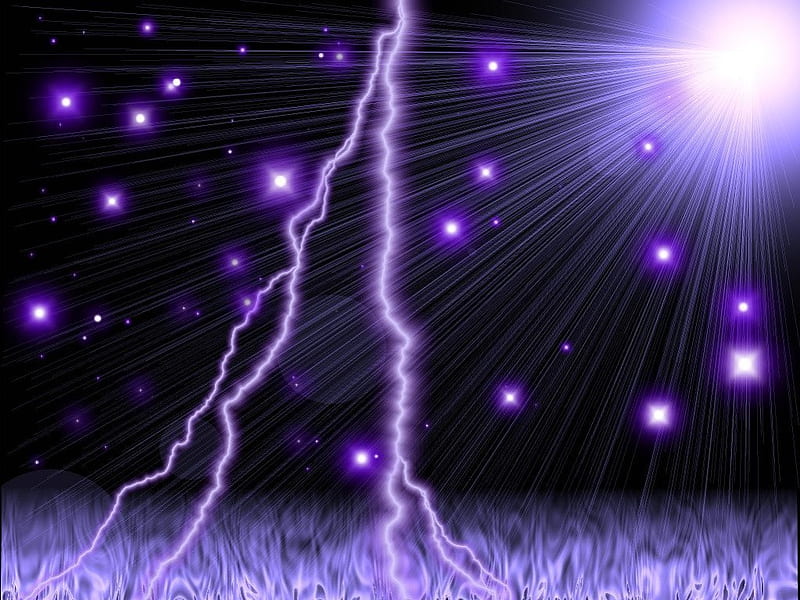 Cosmic Chaos, stars, sun, lightning, purple, ground, black, sky, HD wallpaper