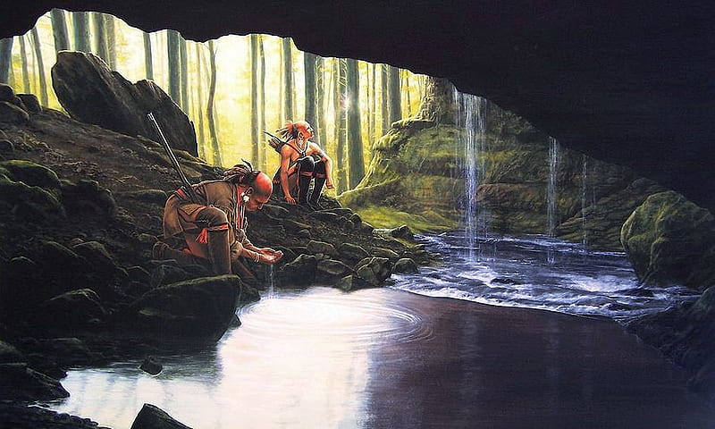 A Quiet Place, cave, indigenous, forest, water, Native American, peaceful, indians, HD wallpaper