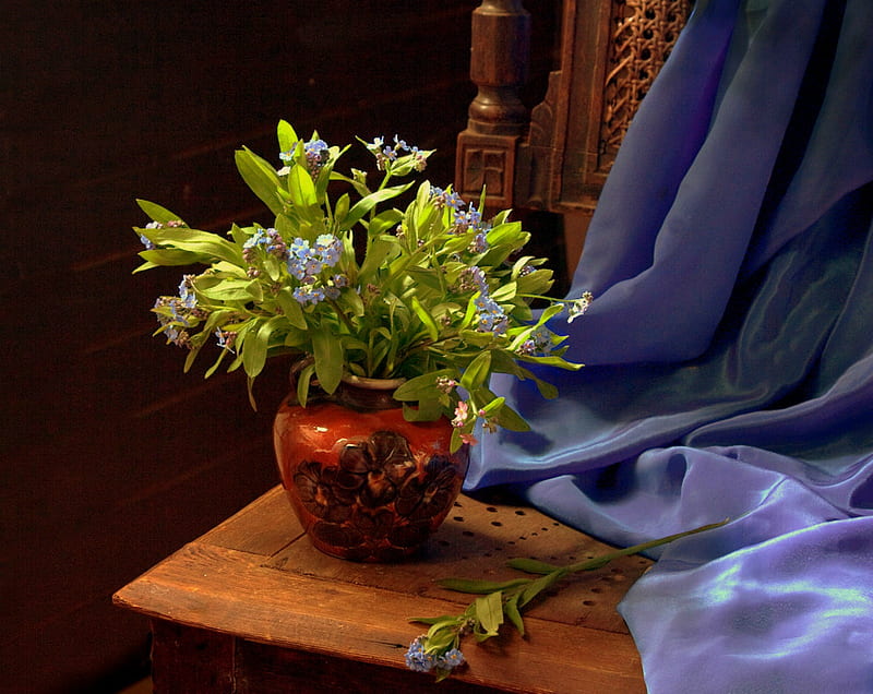 Flowers And Silk, still life, ceramic planter, fabric, flowers, chair, silk, periwinkle silk, HD wallpaper