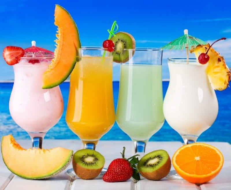 Tropical Cocktails, cocktail, juice, fresh, fruits, summer, drink, tropical, sea, HD wallpaper