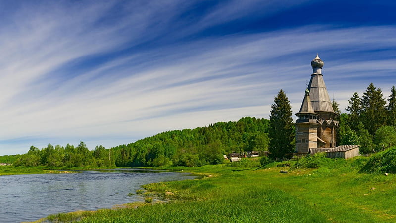 wooden church by a river, grass, river, church, trees, wood, HD wallpaper