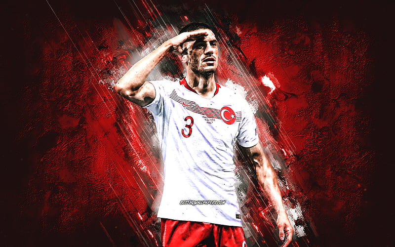 Merih Demiral, Turkish national team football portrait, Turkish footballer, red stone background, football, Turkey, HD wallpaper