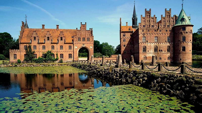 wonderful castle in demark, pond, lilies, castle, stone bridge, HD wallpaper