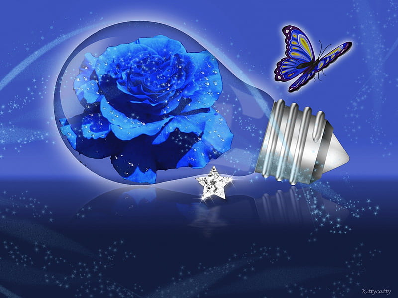 ~*~*~ Blue DREAM ~*~*~ , rose, 3d and cg, abstract, blue rose, diamond, butterfly, flower, star, blue, HD wallpaper