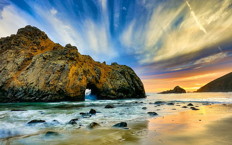 Monterey, morning, coast, arch, rock, ocean, California, USA, HD wallpaper