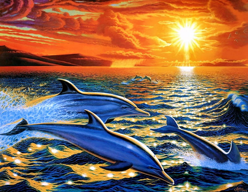 ★Delight Sunset★, pretty, colorful, oceans, attractions in dreams, bonito, paintings, dolphins, sunsets, sealife, animals, blue, fishes, lovely, jumping, colors, love four seasons, delight, creative pre-made, nature, HD wallpaper