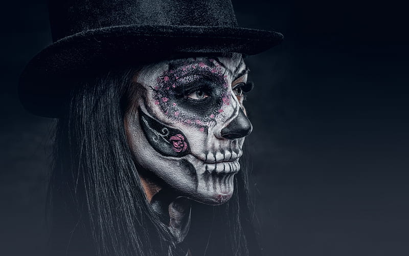 Day of the Dead make-up, model, halloween, day of dead, black, woman, make-up, hat, girl, face, HD wallpaper