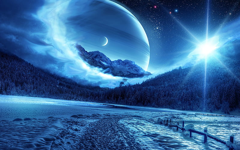 Winter, cool, mountains, night, planet, road, shine, sky, snow, space, HD wallpaper