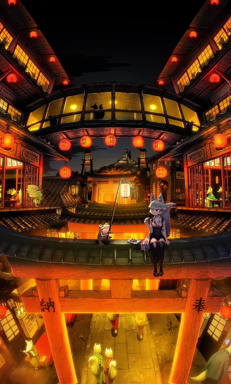 Orange gate, anime, city, frog, girl, lampions, manga, HD phone wallpaper