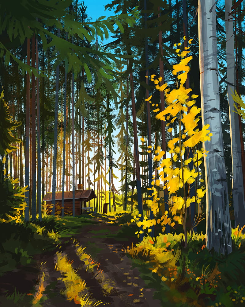 house, forest, landscape, art, HD phone wallpaper