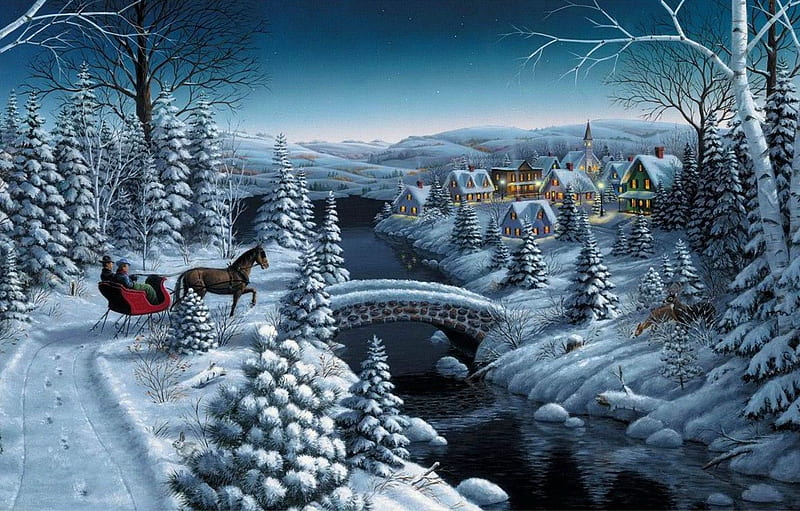 winter, stars, snow, bridge, river, horse, tree, home, spruce, the evening, village, Christmas, New year, wagon, sleigh, painting for , section живопись, HD wallpaper
